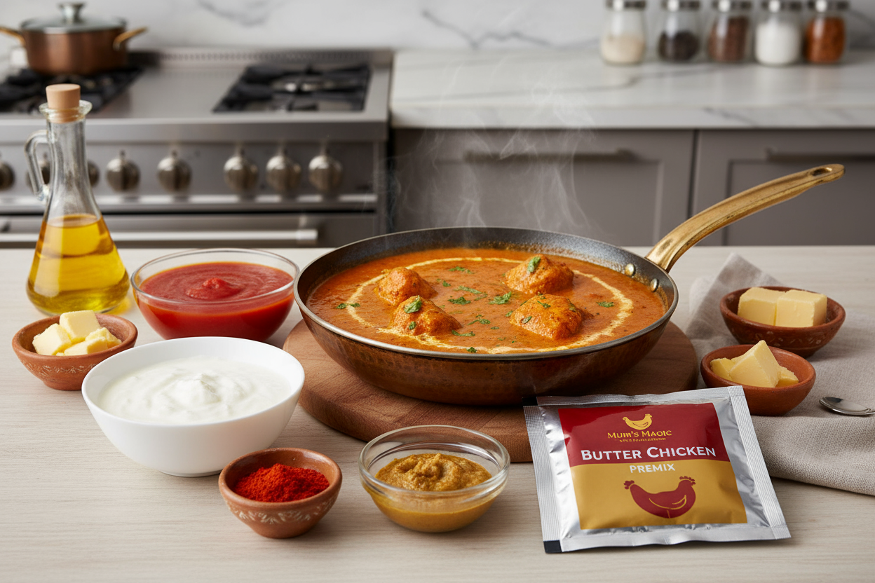 o Prepare the Chicken:
Combine chicken, curd, red chilli powder, ginger garlic powder, and salt. Marinate for 30 minutes.
Heat oil in a pan. Add the marinated chicken, cover, and cook for 8–10 minutes until tender.
Tip: You can also cook the chicken in a pressure cooker for convenience.
To Make the Gravy:
Mix 1 packet of Mum’s Magic Butter Chicken Premix with 125ml (½ cup) water to form a smooth paste.
In a pan, heat oil and butter. Add ¾ cup (150g) tomato puree and sauté for 2–3 minutes.
Add the premix pas